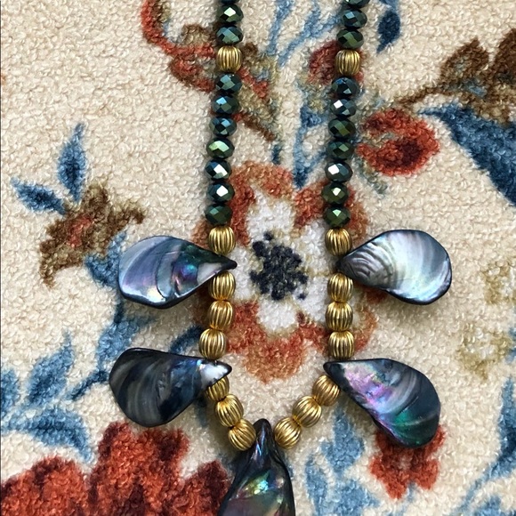 VTG  ABALONE NECKLACE W/ GOLD & GLASS FACETED BEADS 22" & MATCHING EARRINGS SET - Picture 10 of 17